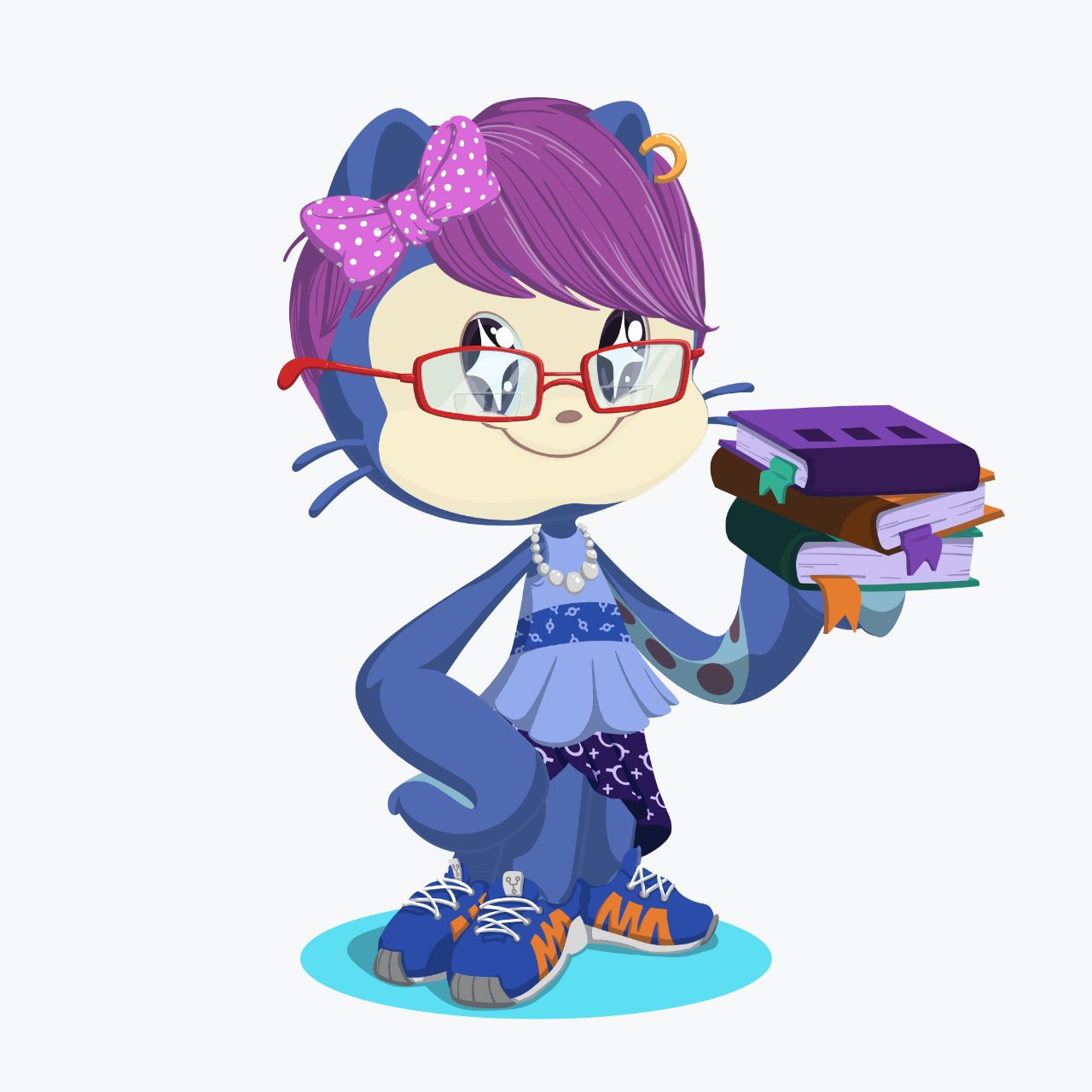 a cephalopod in a blue dress, pink hair, and red glasses