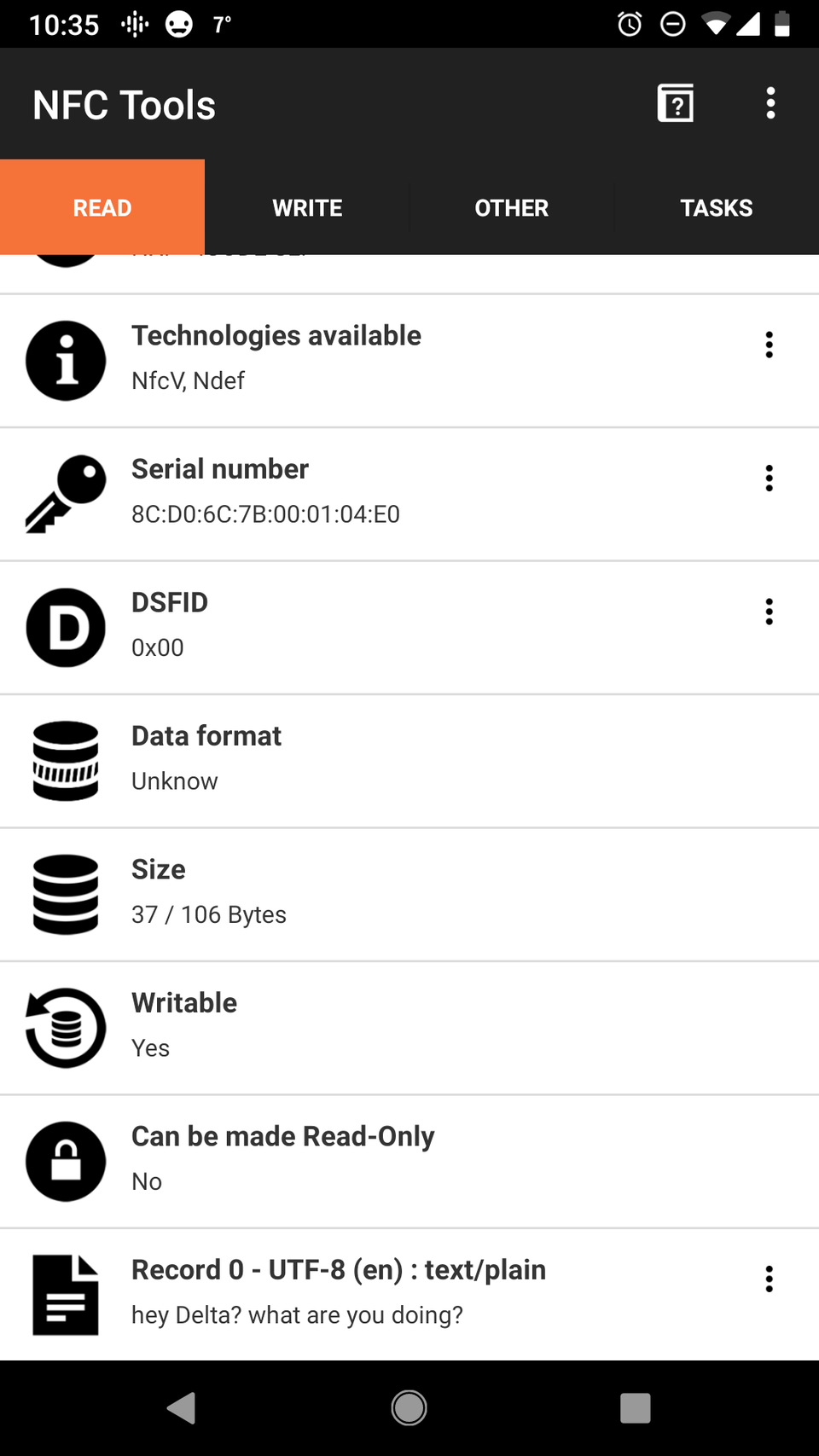 an NFC tag with “hey Delta? what's going on? written to it”