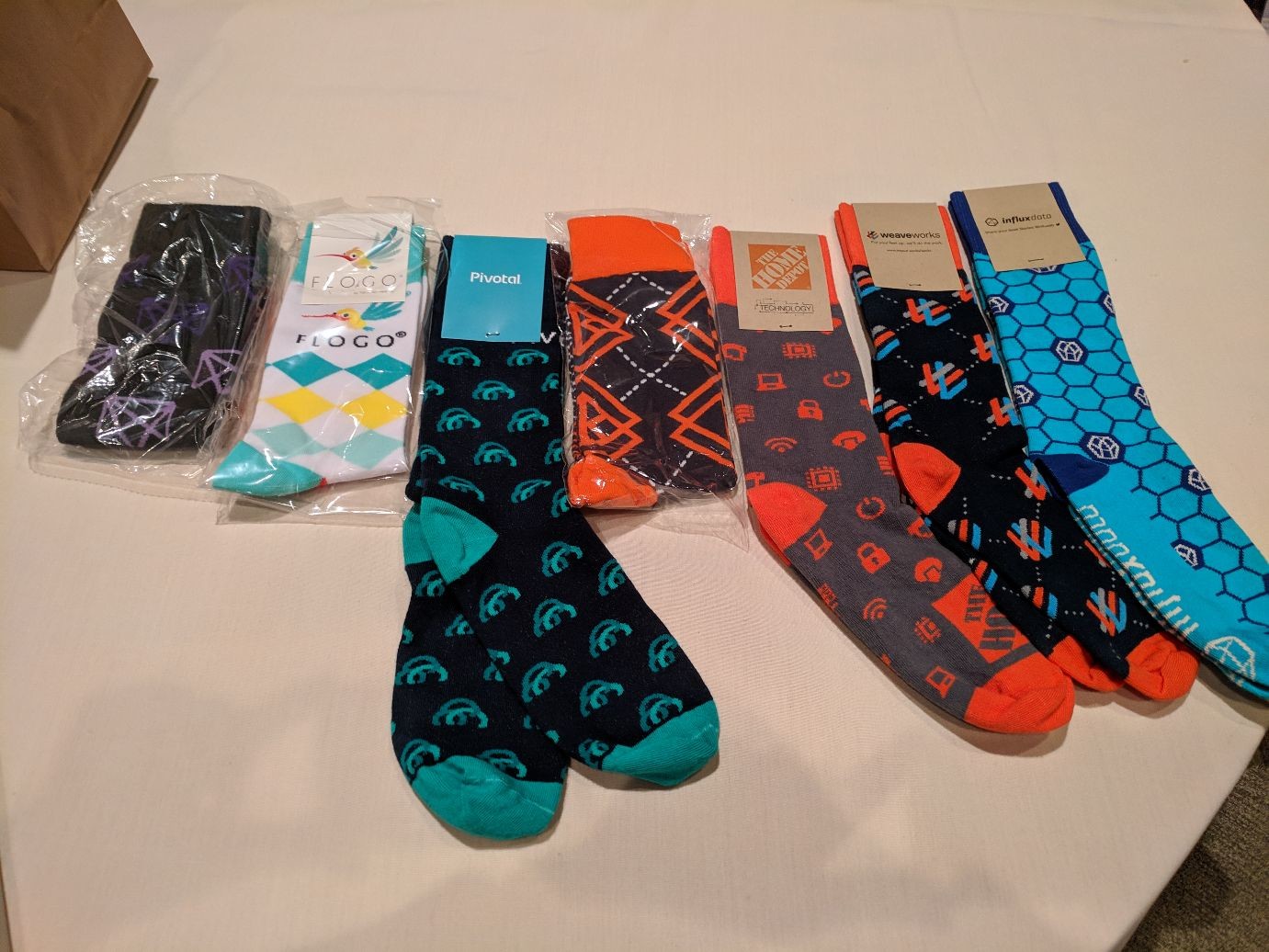 an assortment of branded company socks