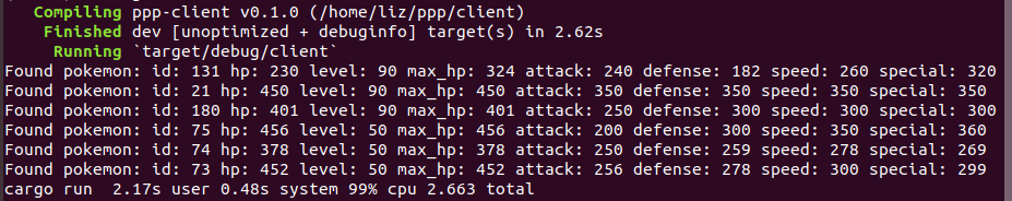 A command prompt  showing a list of pokemon