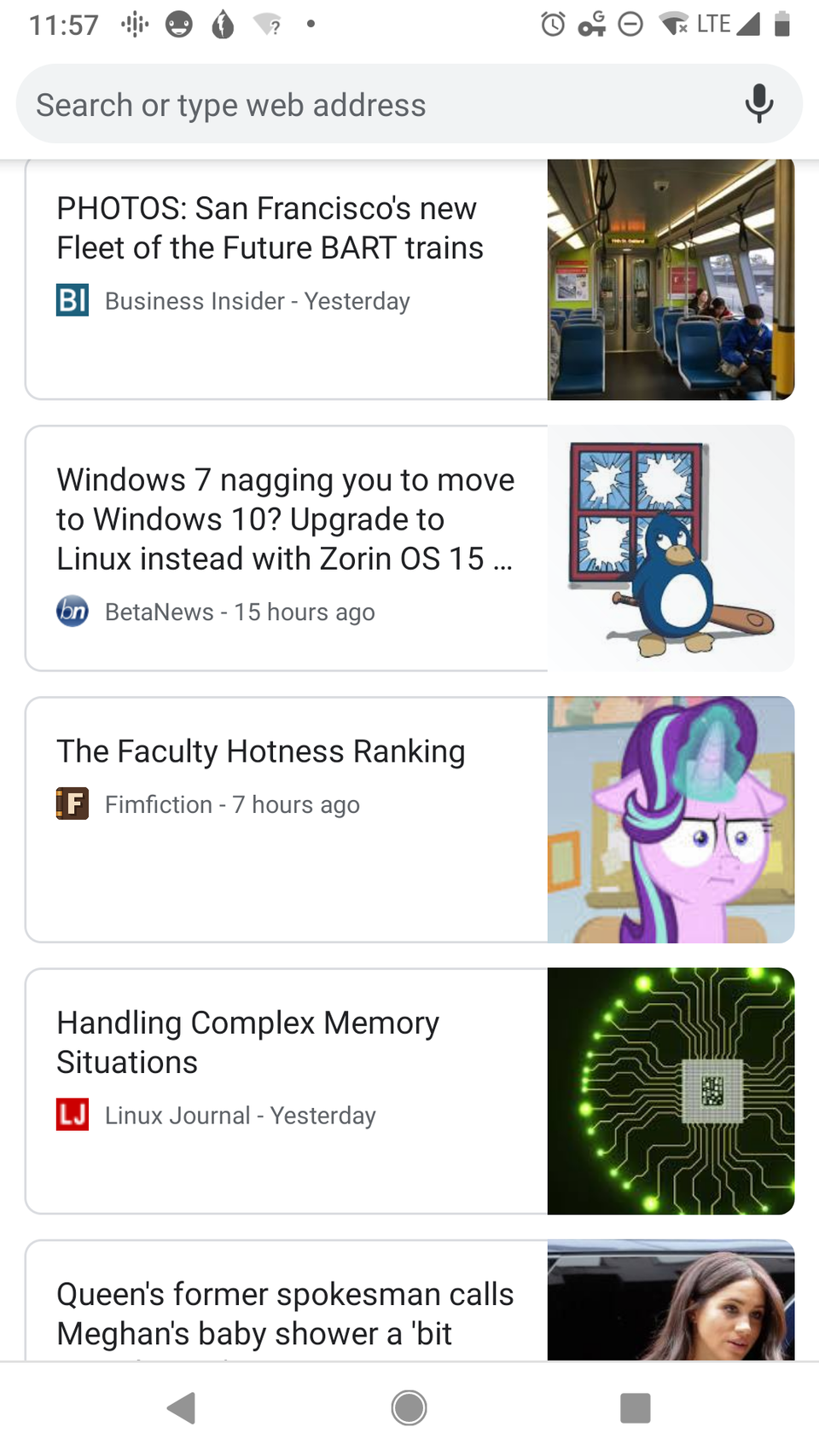 a number of news stories:

BART
Linux
My Little Pony
Linux
British Politics