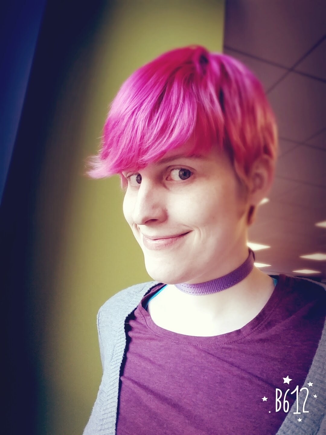 me with very short, gay, pink, hair