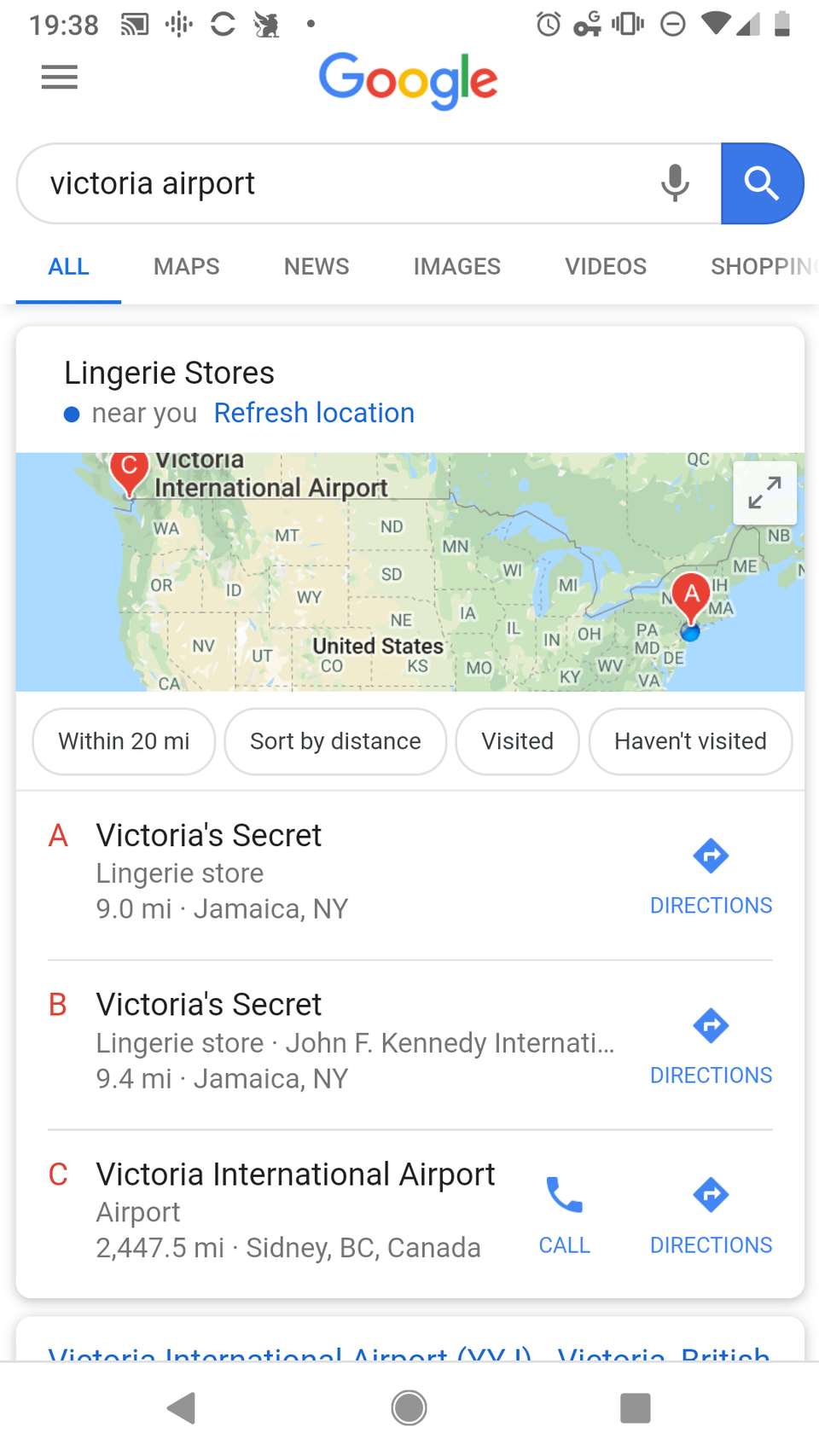 a search for Victoria airport, showing some results from Victoria's Secret in NYC