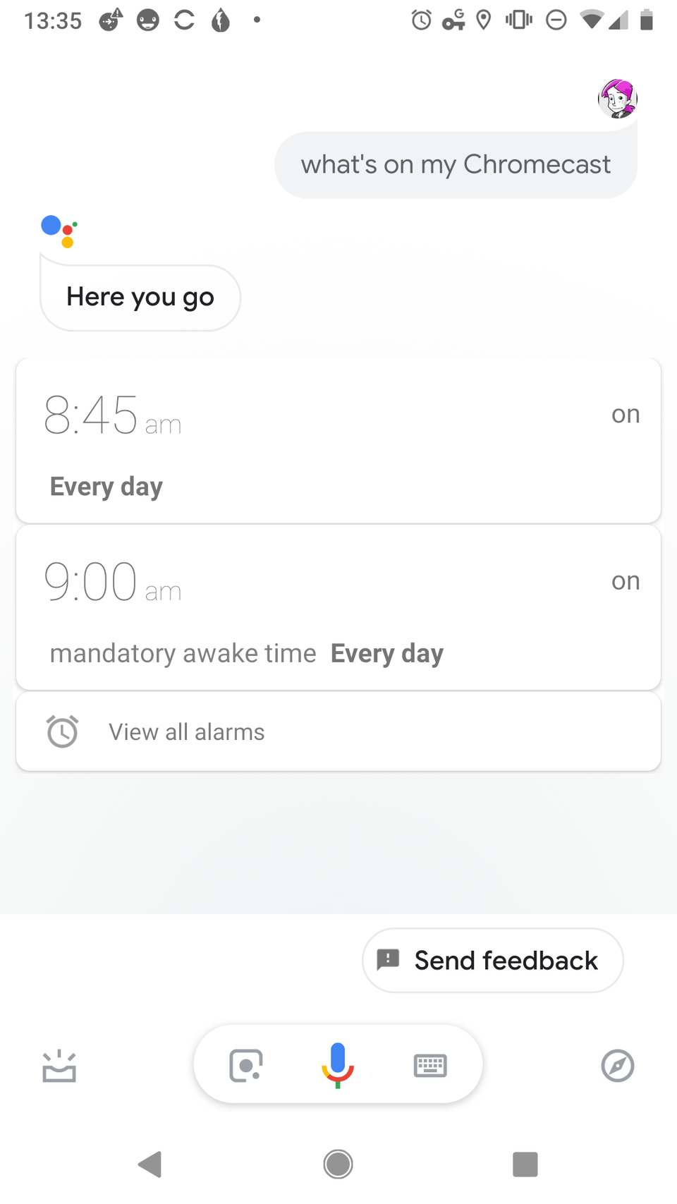 I ask Google Assistant what's on my Chromecast, and it just shows me my alarms