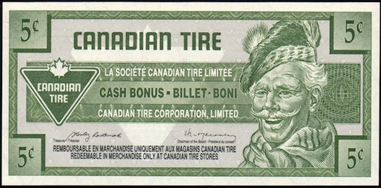 A canadian tire $0.05 note, depicting a jolly scottish man in a tam