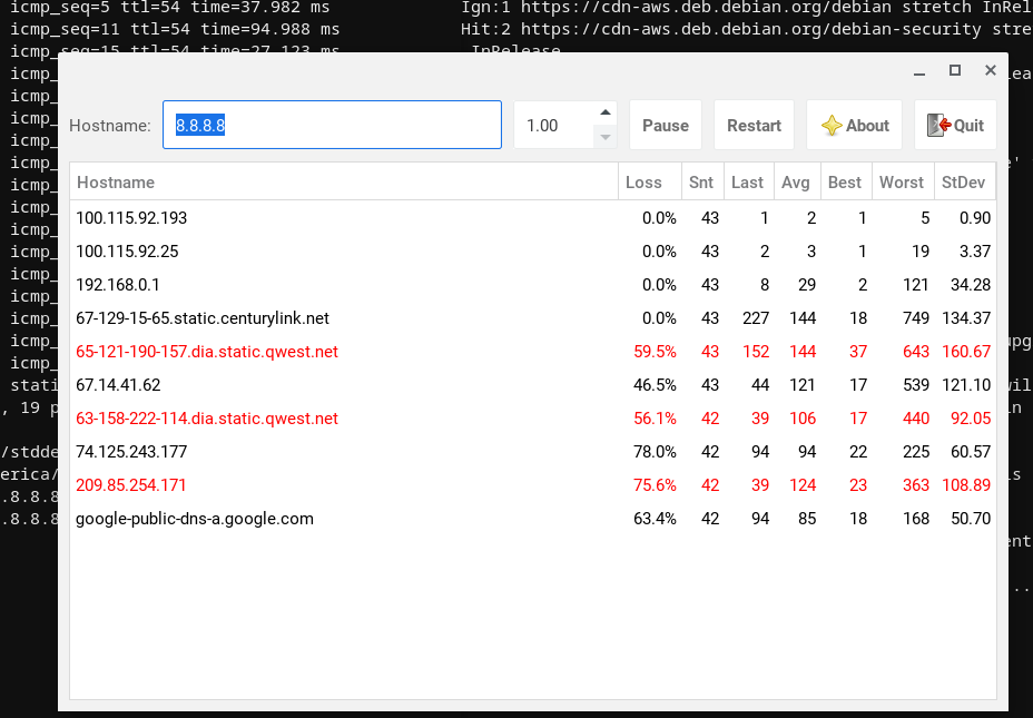 a traceroute showing 40% packet loss to he.net