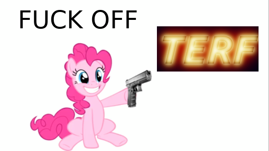 Pinkie Pie with a gun labelled FUCK OFF TERF