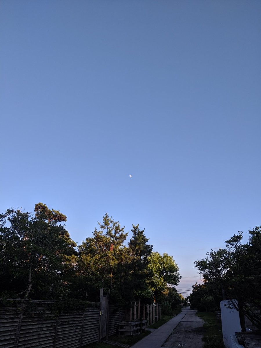A lonely moon in a cloudless blue sky
