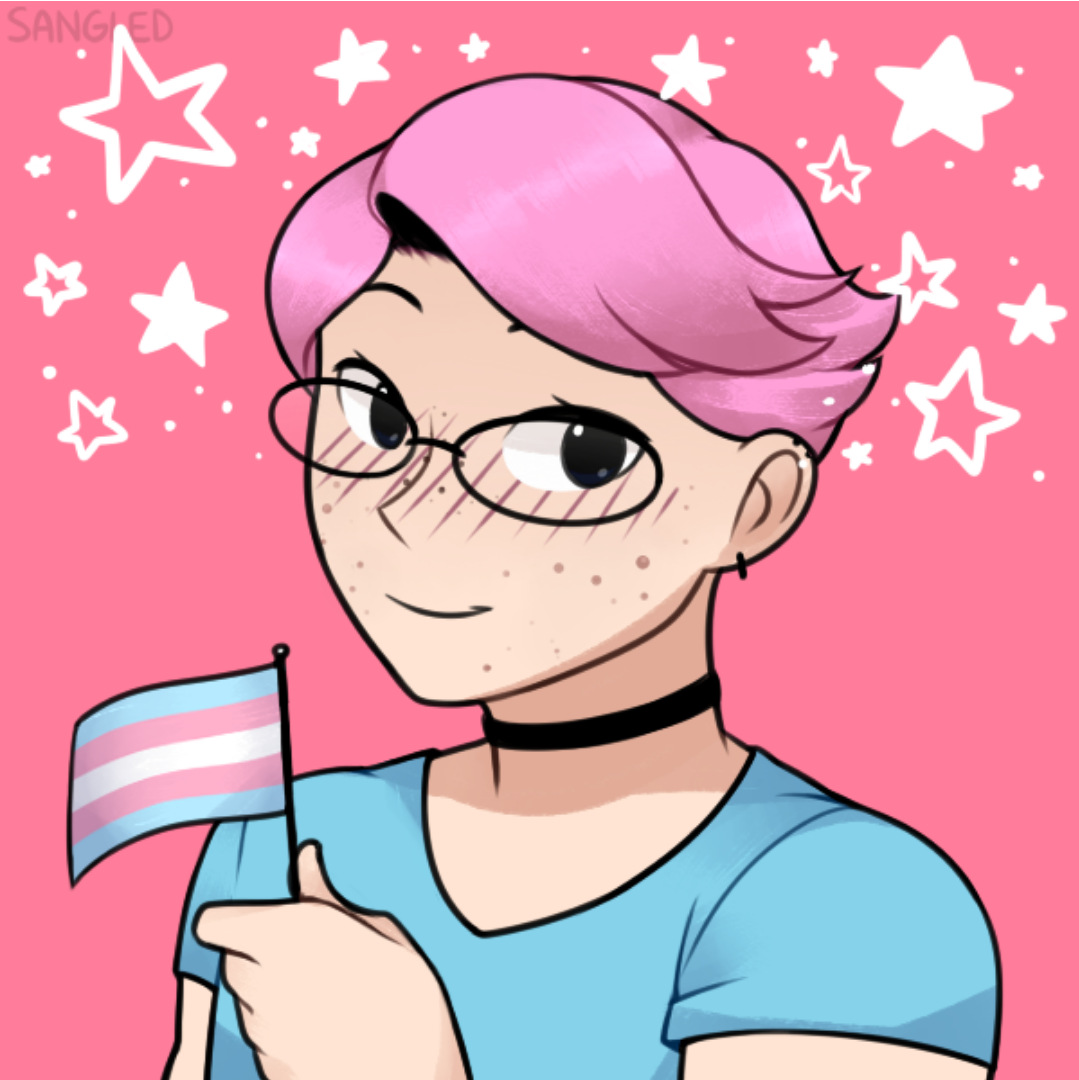 a cartoon of a young woman with pink hair and freckles, waving a trans pride flag