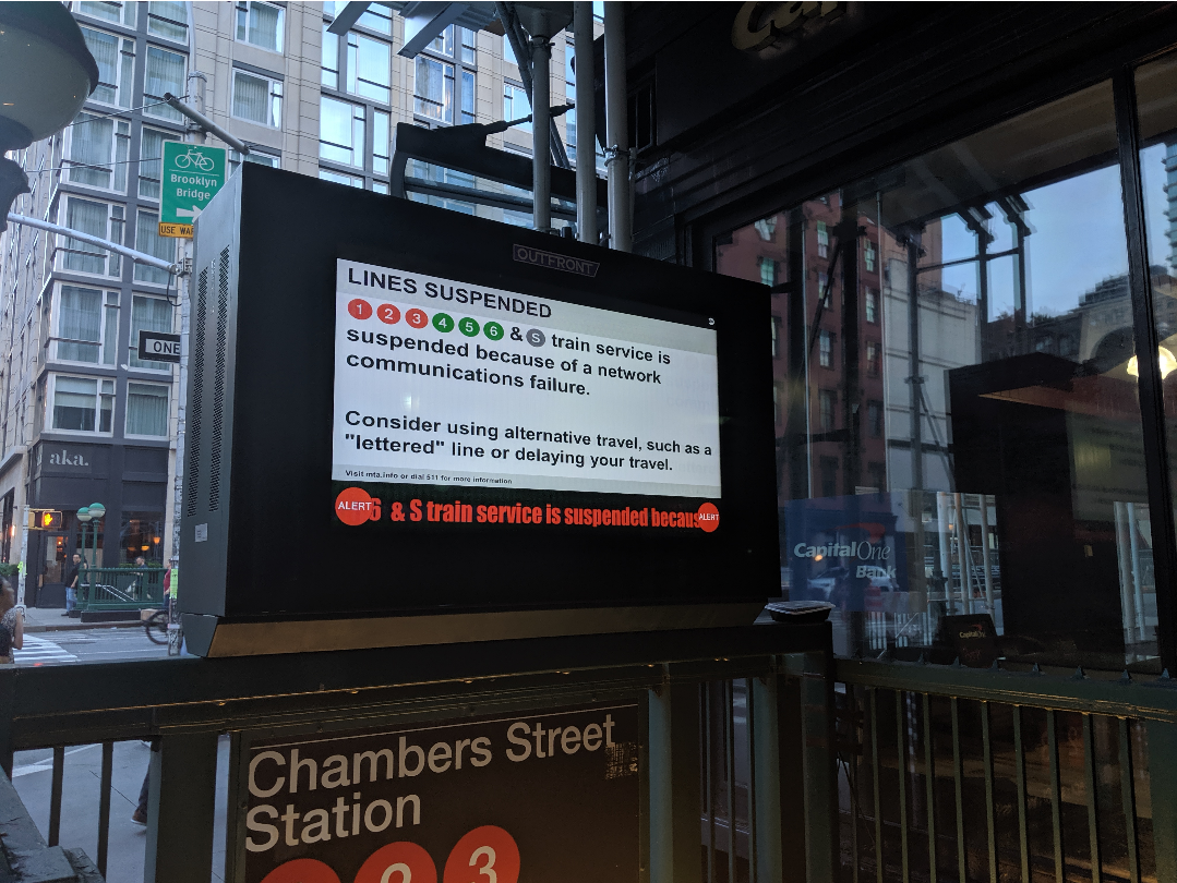 1 2 3 4 5 6 7 and S train service is suspended because of Networking Communication failures  Consider alternative travel, such as a “lettered” line or delaying your travel