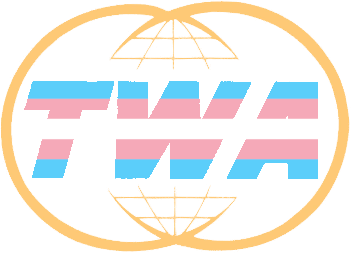 the TWA logo, with Trans Pride colours instead of red