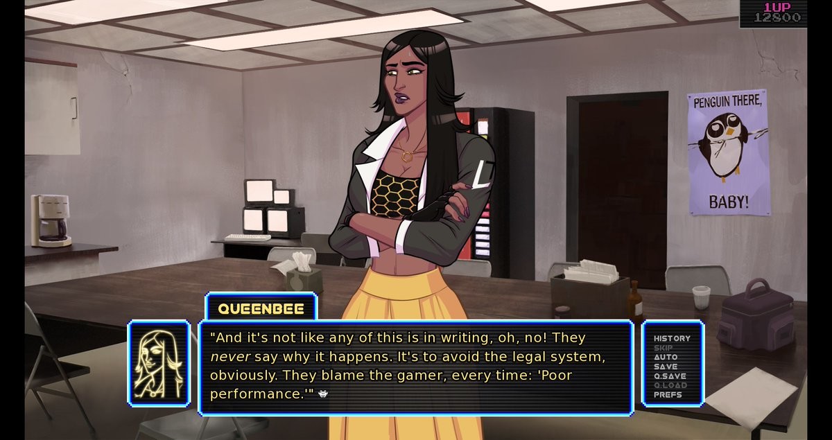 A dark-skinned woman in a bee-themed crop top and yellow skirt says: 
And it's not like any of this is in writing, oh no! They never say why it happens. It's to avoid the legal system, obviously. They blame the gamer, every time: 'Poor performance.'