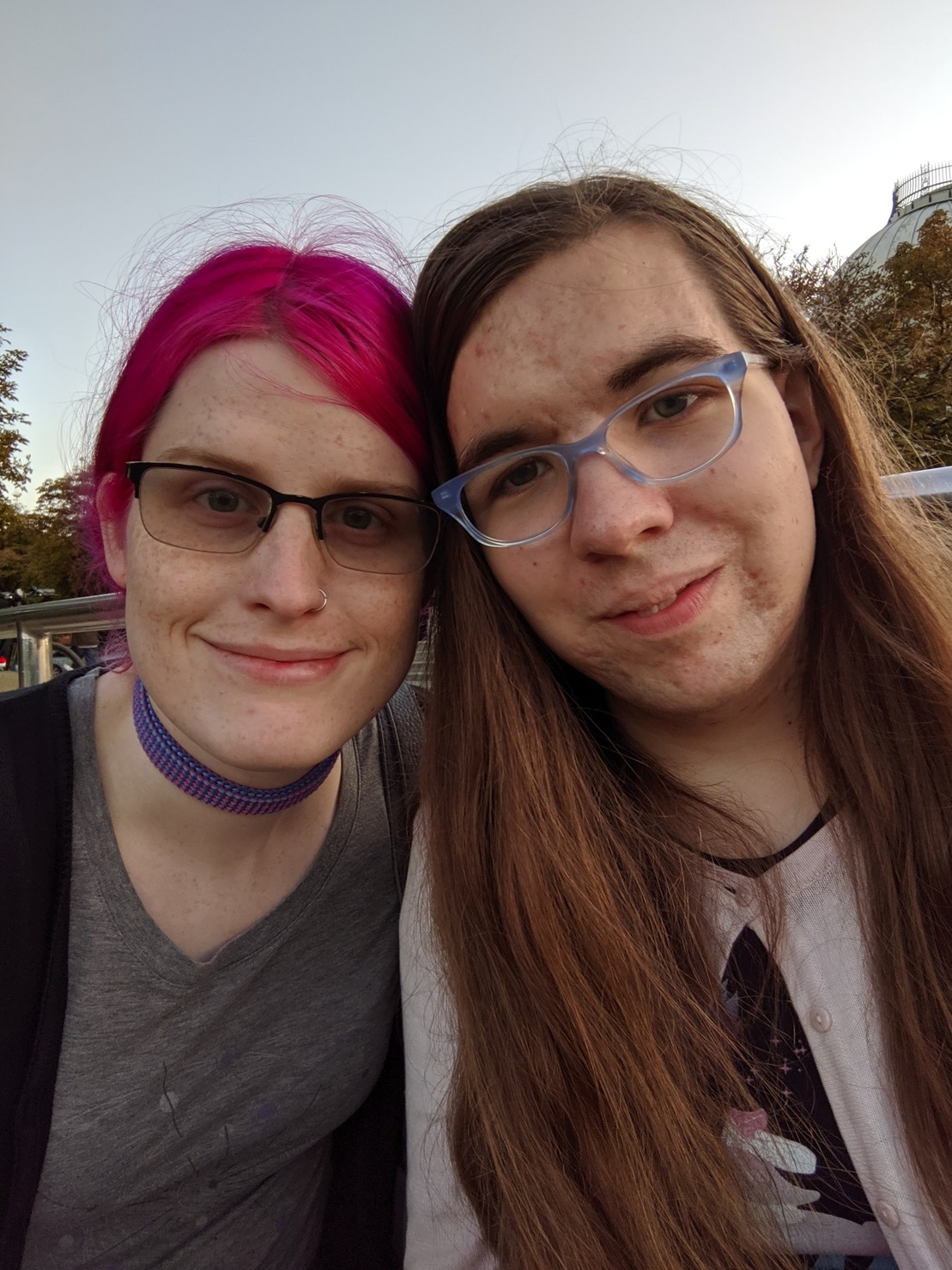 a selfie of me and Natalie against a blue sky