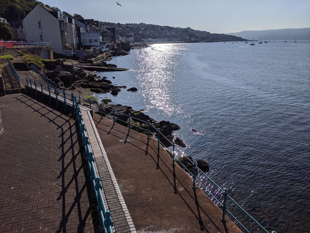 A hillside full of tudor-style housing, looking out across a shiny bay full of sailboats