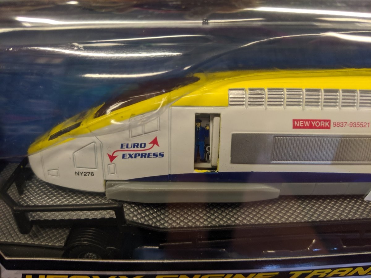 A Eurostar shaped train with New York printed on the side