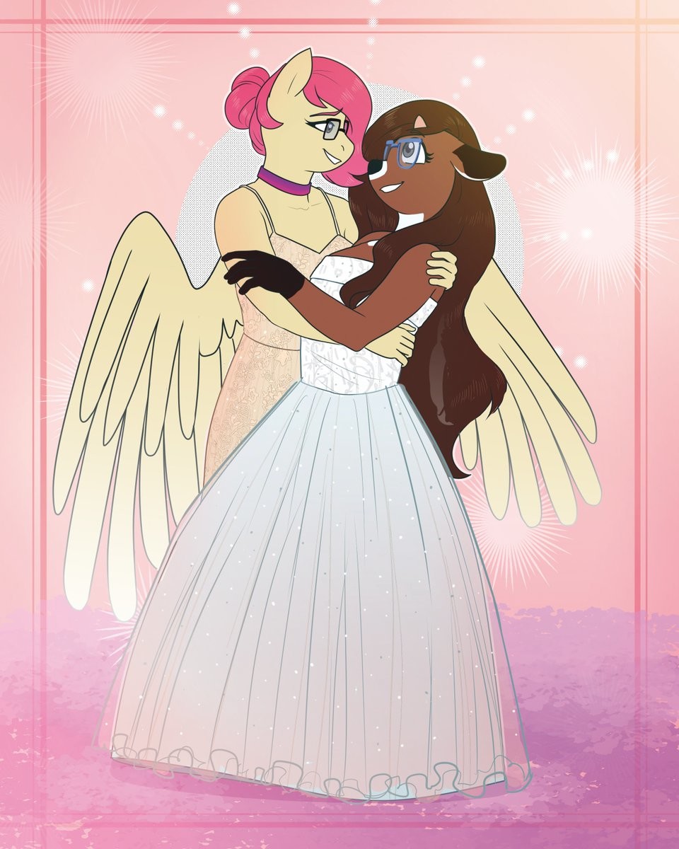 A pegasus in a wedding dress holding a deer in a wedding dress
