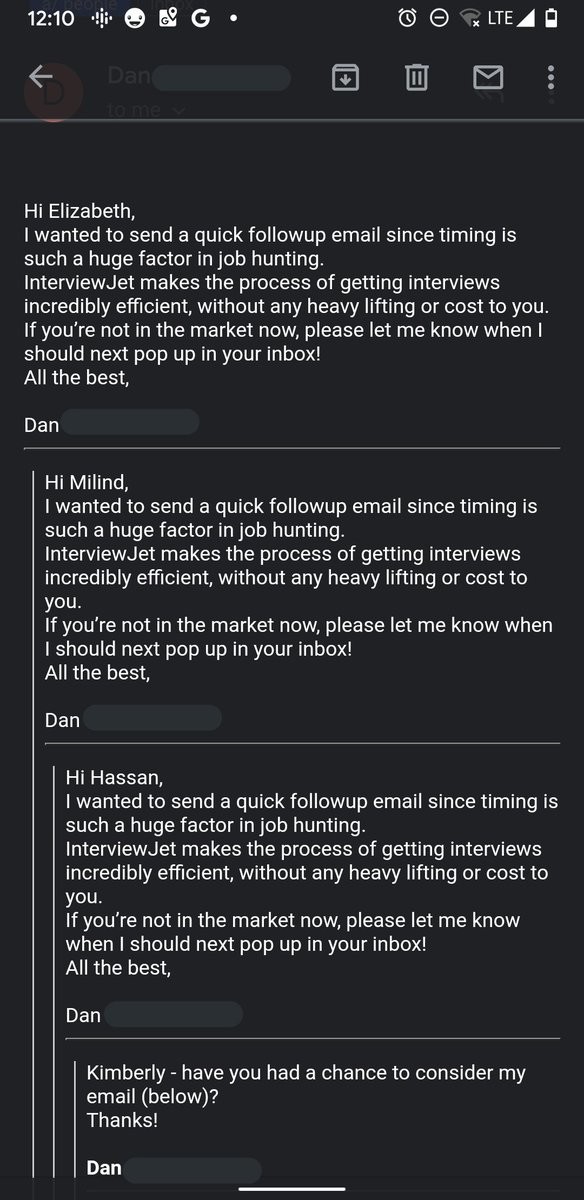 A recruiter email to me, quoting a recruiter email to someone else, quoting another recruiter email to someone else...
