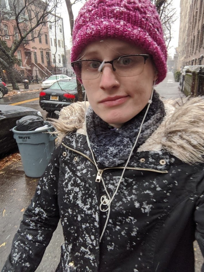 A similar photo of me, but my jacket is absolutely covered in snow