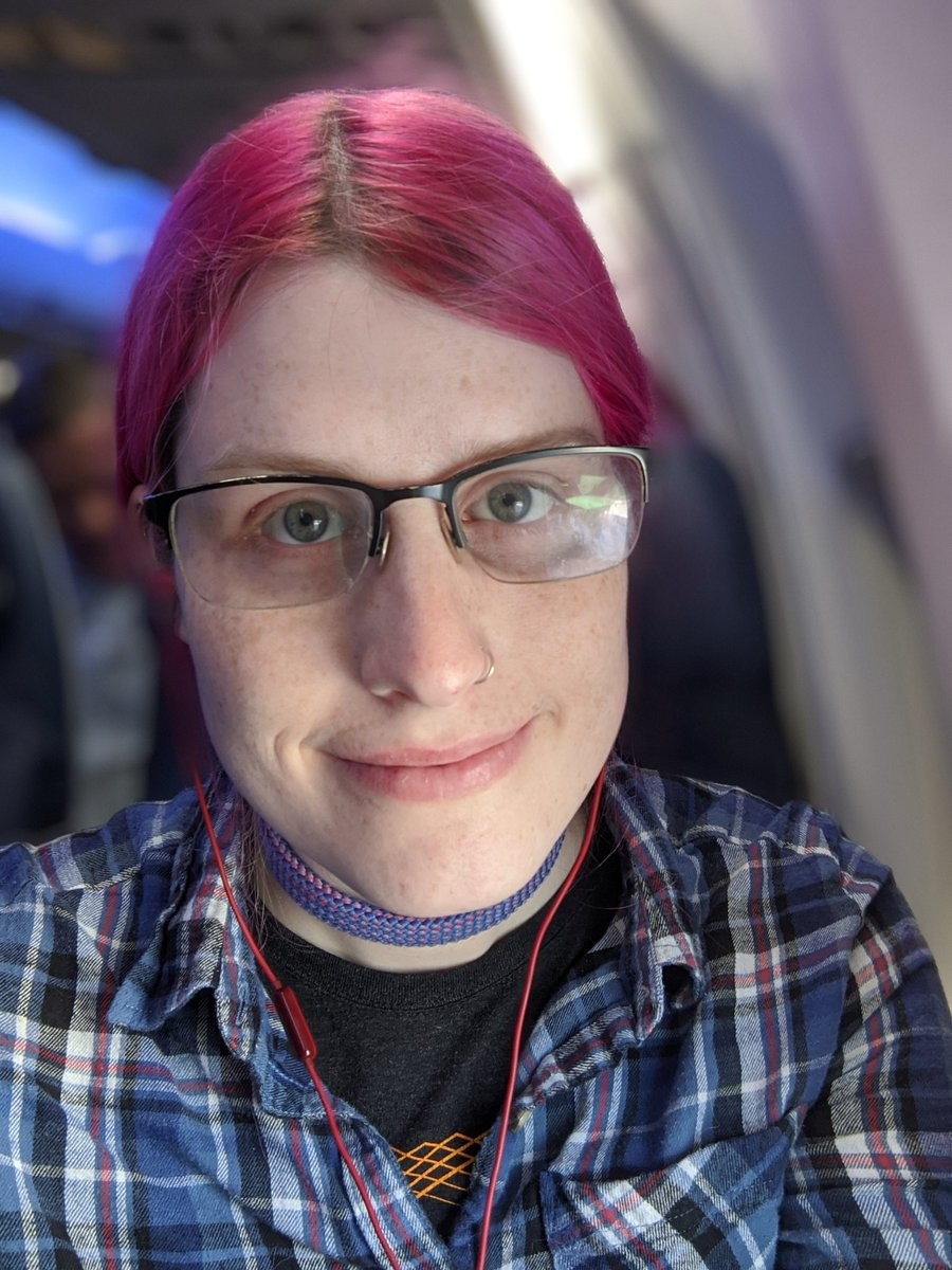 A selfie of me in a flannel shirt and braided pink hair on an airplane