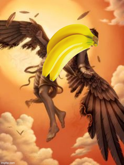 A portrait of Icarus flying close to the sun, but with a banana badly pasted over icarus