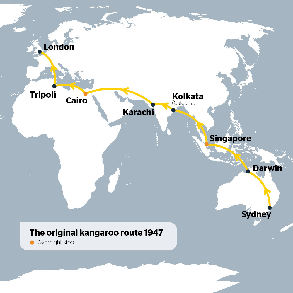The Kangaroo route, a flight from London to Sydney stopping in Tripoli, Cairo, KarachI, Kolkata, Singapore, and Darwin