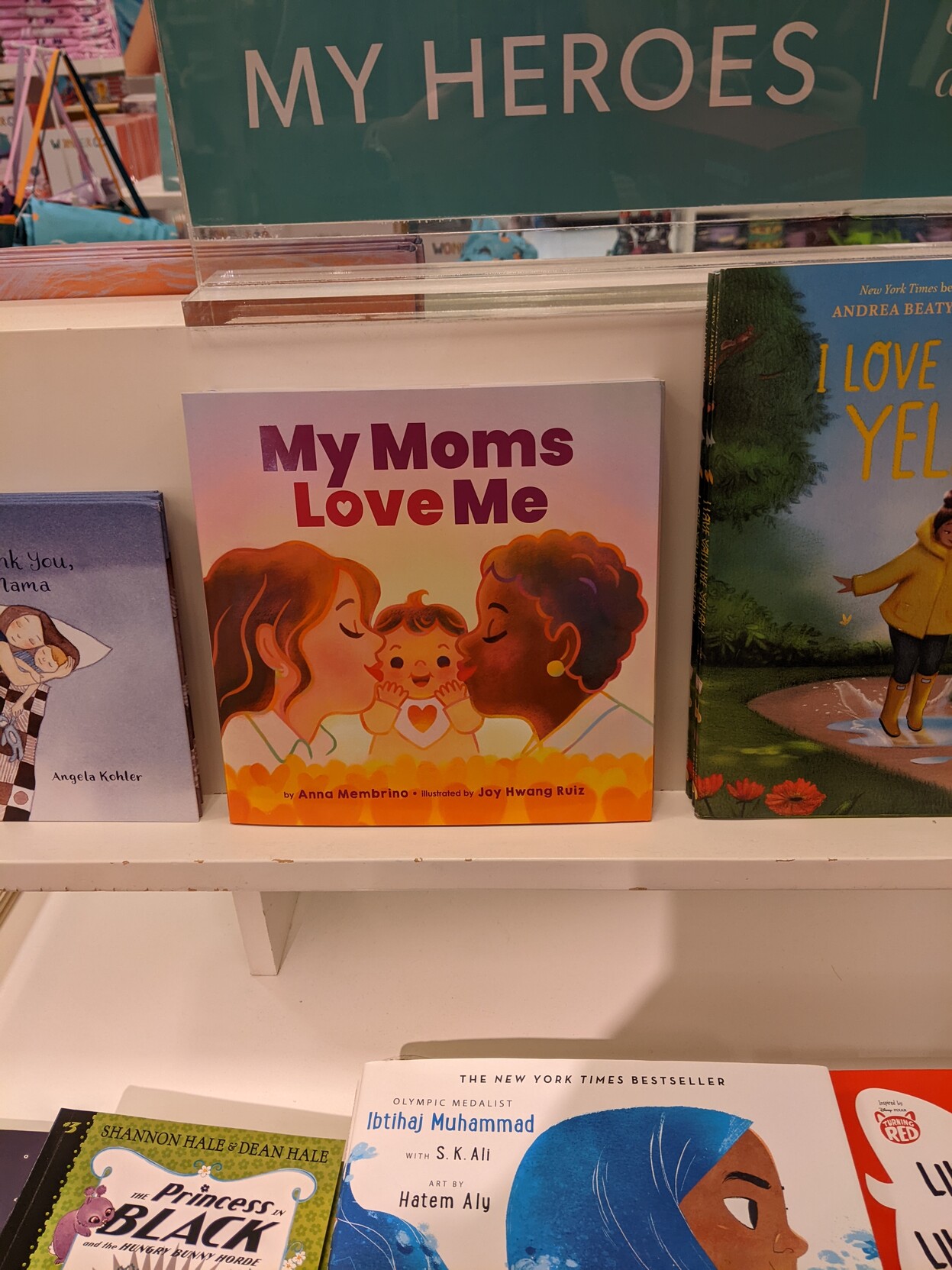 A picture book titled “My moms love me” featuring an interracial lesbian couple kissing a baby