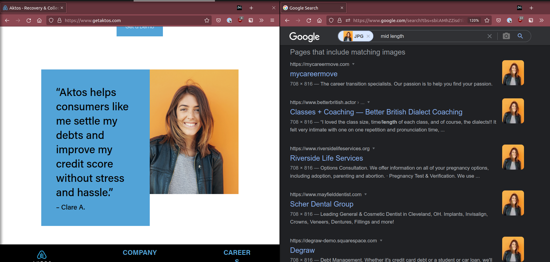 Two browser windows. One shows a picture of a woman next to a quote about how useful Aktos is, attributed to Clare A.
The other window shows google reverse image search results for the same picture of a woman, showing up on a dozen other websites