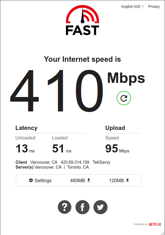 Wifi showing 410 down/ 95mb up