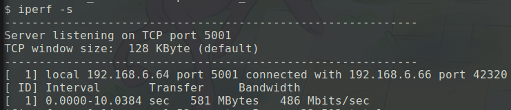 transferred 581 MBytes at 486 Mbits/second